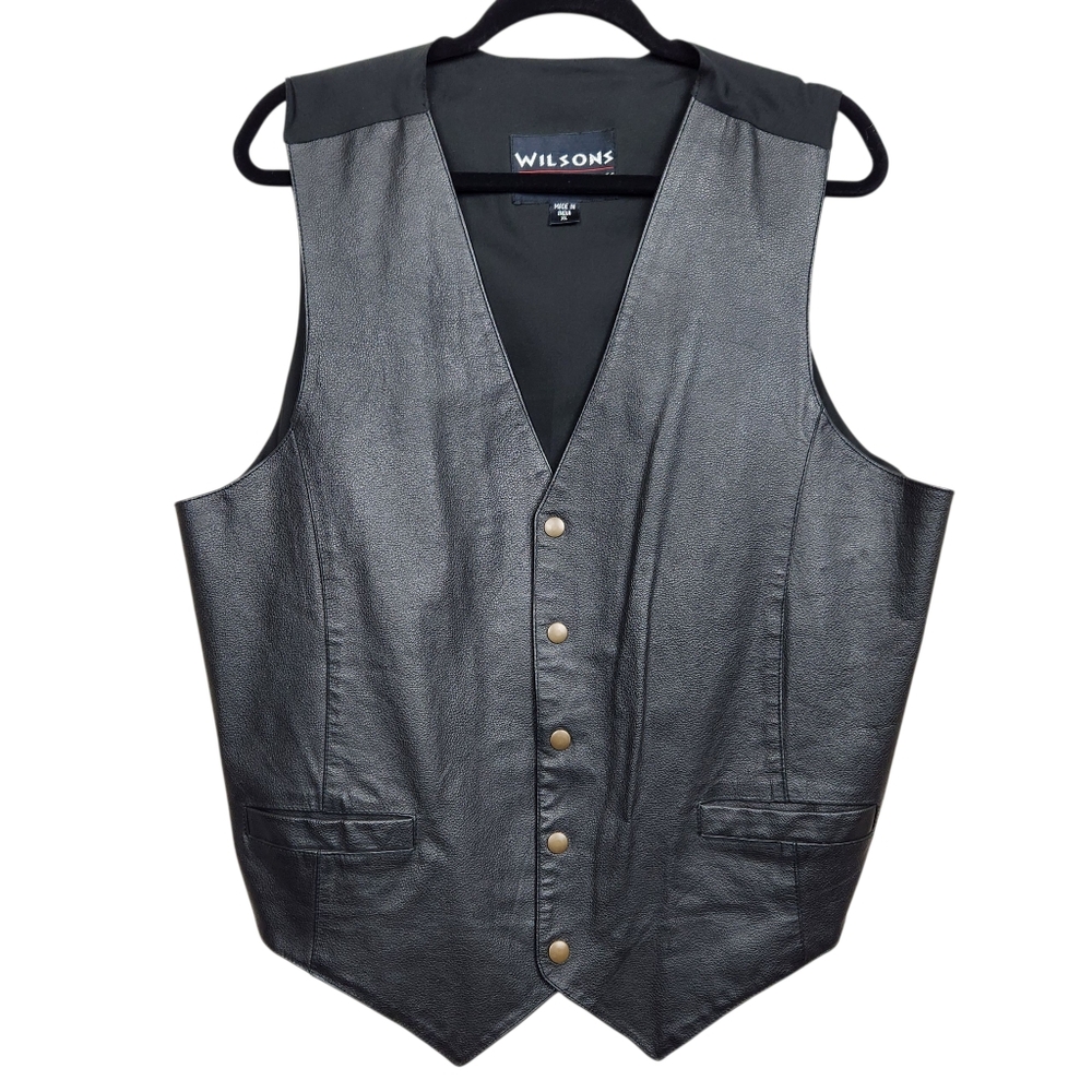 Wilsons Leather Vintage Black Leather Moto Antique Brass Snaps Vest Mens Size XL